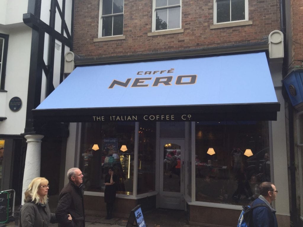 Recovered blue awning at Caffe Nero