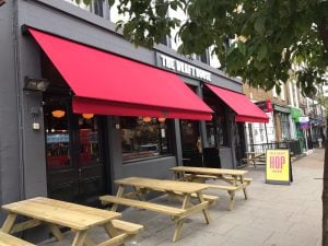 Ruby-colored Cafe awnings