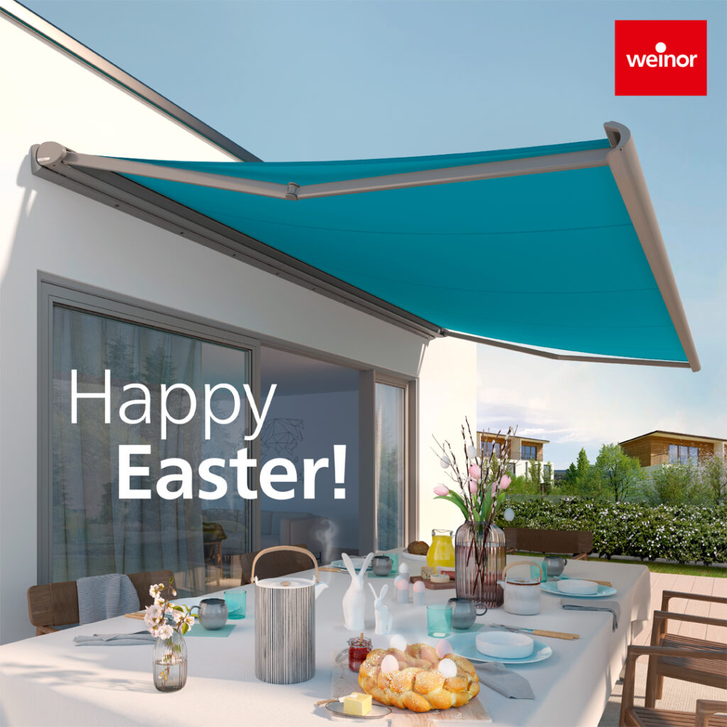 Happy Easter greeting on picture of patio awning