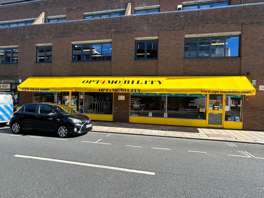 Long yellow shop awning